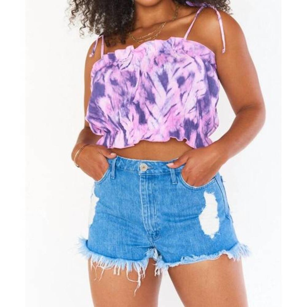 Show Me Your Mumu Top Womens Small Keen Crop Tank Tie Dye Purple Ruffle Tie